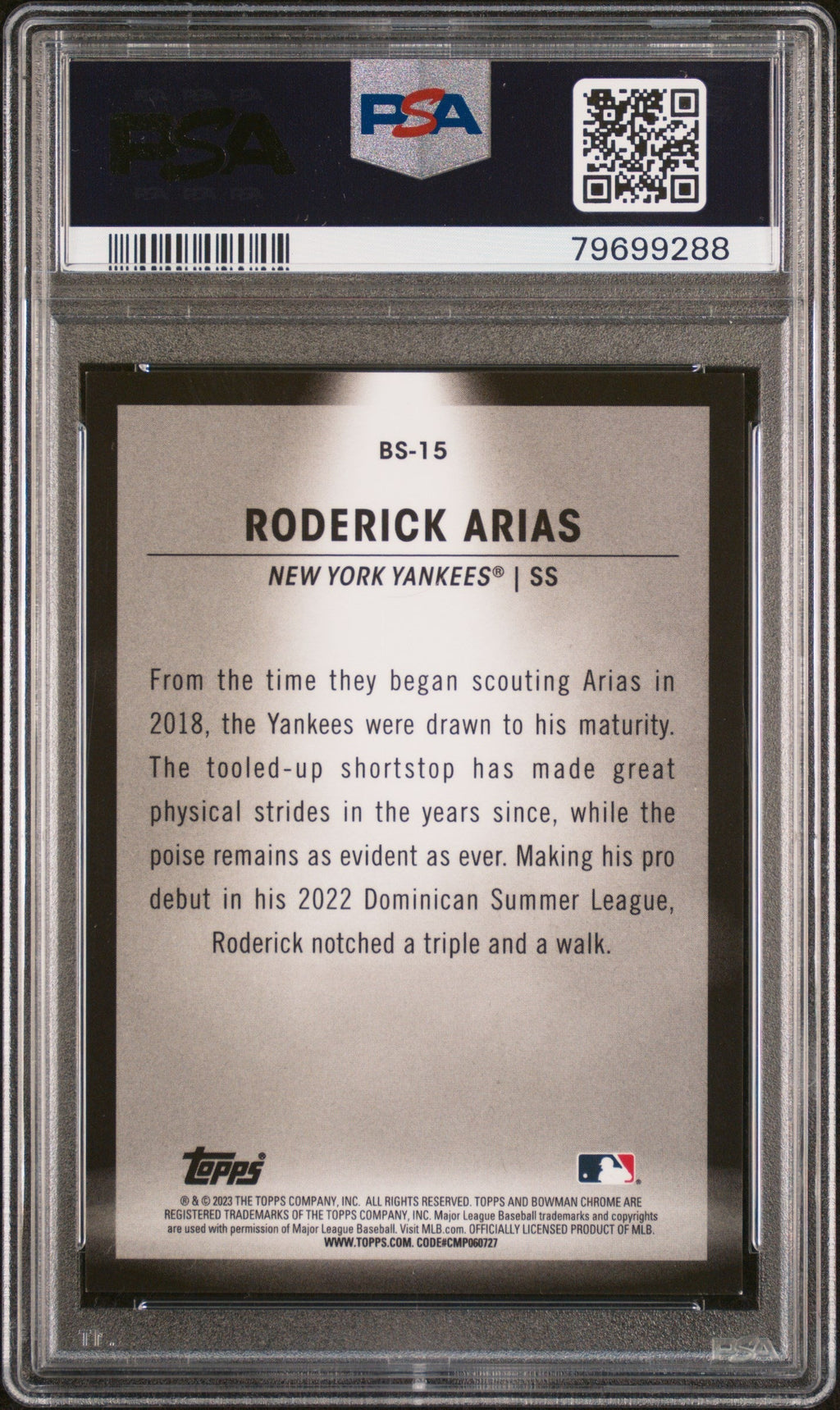 Graded 2023 Topps Bowman Roderick Arias #BS15 Spotlights Aqua Refractor /125 Rookie RC Baseball Card PSA 10 Gem Mint