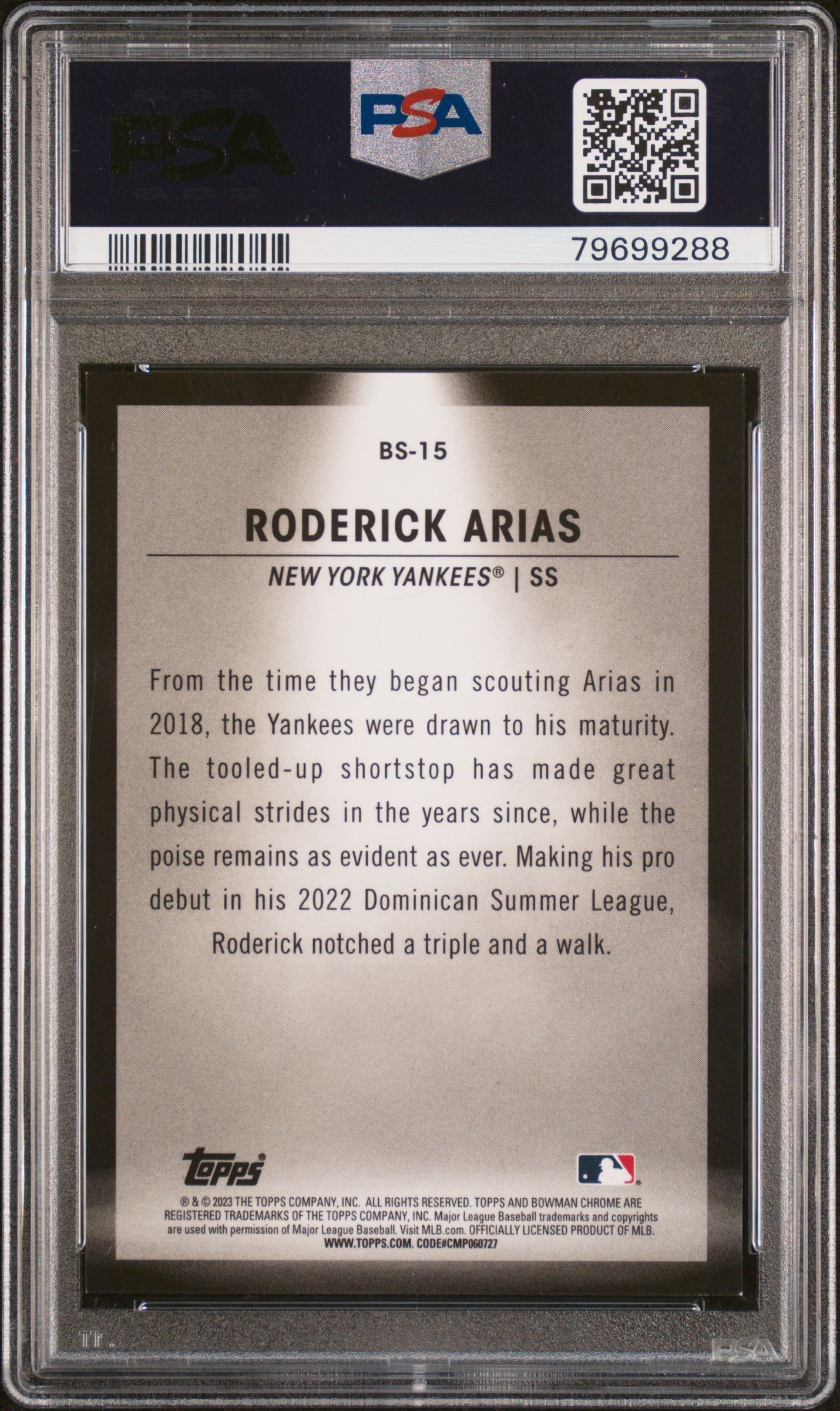 Graded 2023 Topps Bowman Roderick Arias #BS15 Spotlights Aqua Refractor /125 Rookie RC Baseball Card PSA 10 Gem Mint
