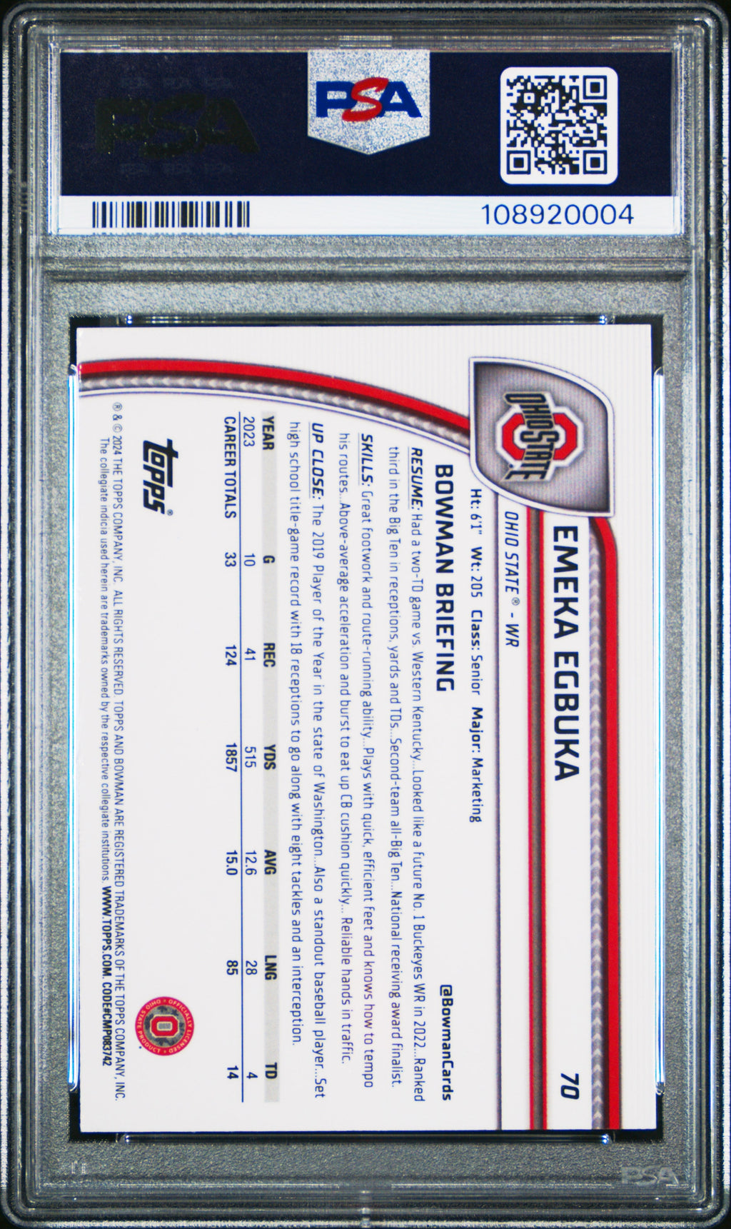 Graded 2024 Topps Bowman U Sapphire Emeka Egbuka #70 Rookie RC Football Card PSA 10 Gem Mint
