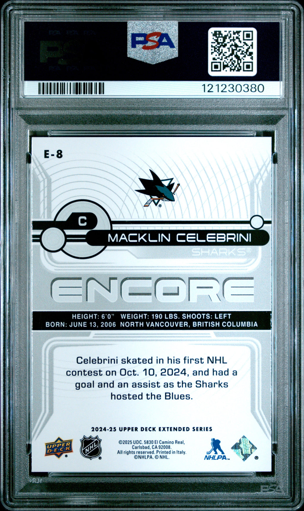 Graded 2024 Upper Deck Macklin Celebrini #E8 Encore Rookie RC Hockey Card PSA 10 Gem Mint