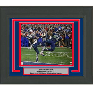 Framed Autographed/Signed Malcolm Butler GW INT New England Patriots Super Bowl 16x20 Photo JSA COA