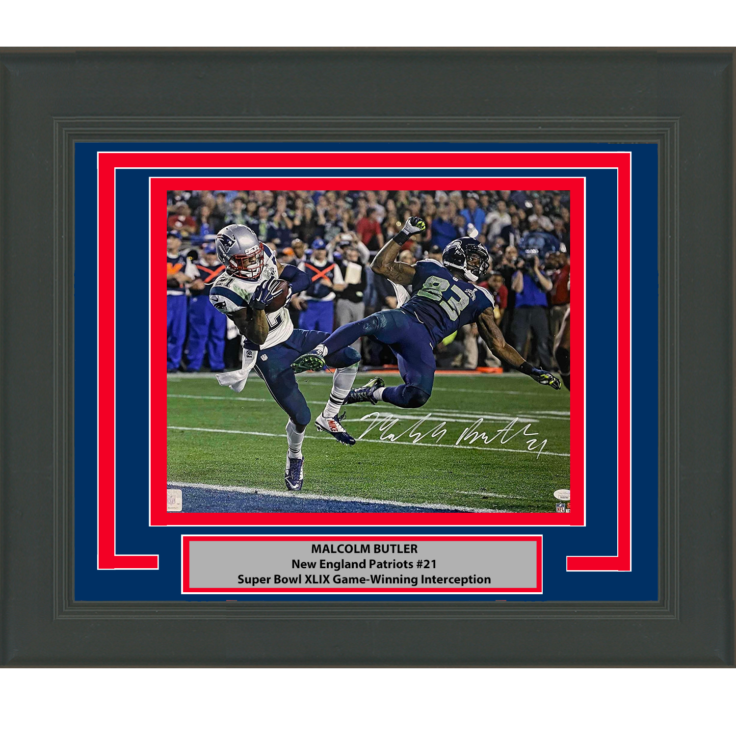 Framed Autographed/Signed Malcolm Butler GW INT New England Patriots Super Bowl 16x20 Photo JSA COA