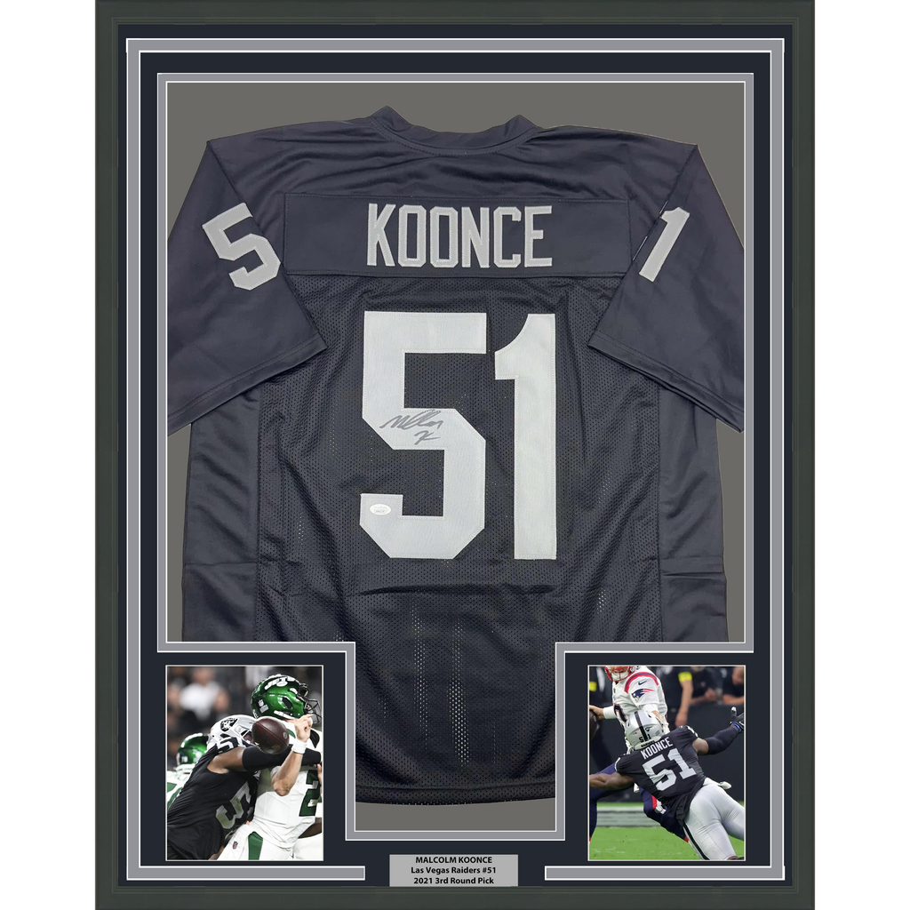 Framed Autographed/Signed Malcolm Koonce 35x39 Las Vegas Oakland Black Football Jersey JSA COA