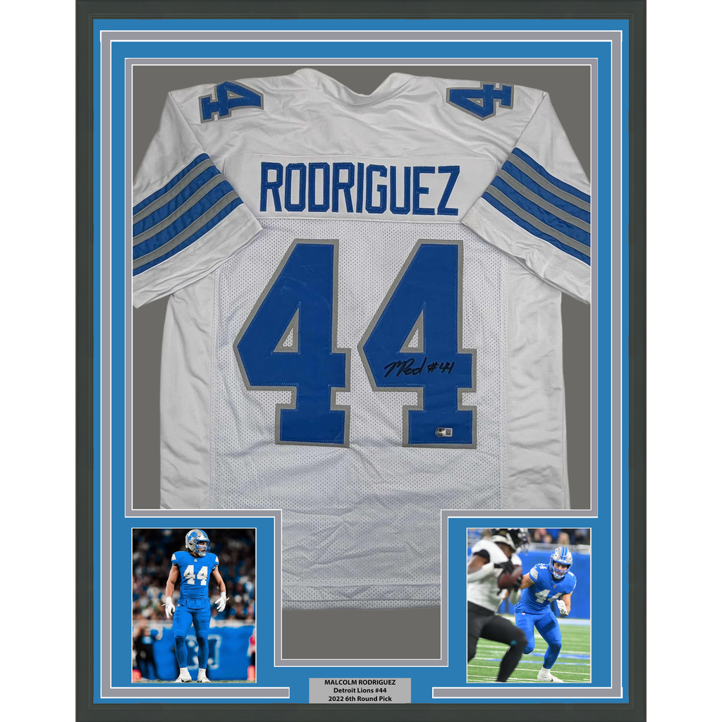 Framed Autographed/Signed Malcolm Rodriguez 35x39 Detroit White Football Jersey Beckett BAS COA