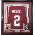 Framed Autographed/Signed Johnny Manziel 12 Heisman 35x39 Texas A&M Maroon College Football Jersey JSA COA