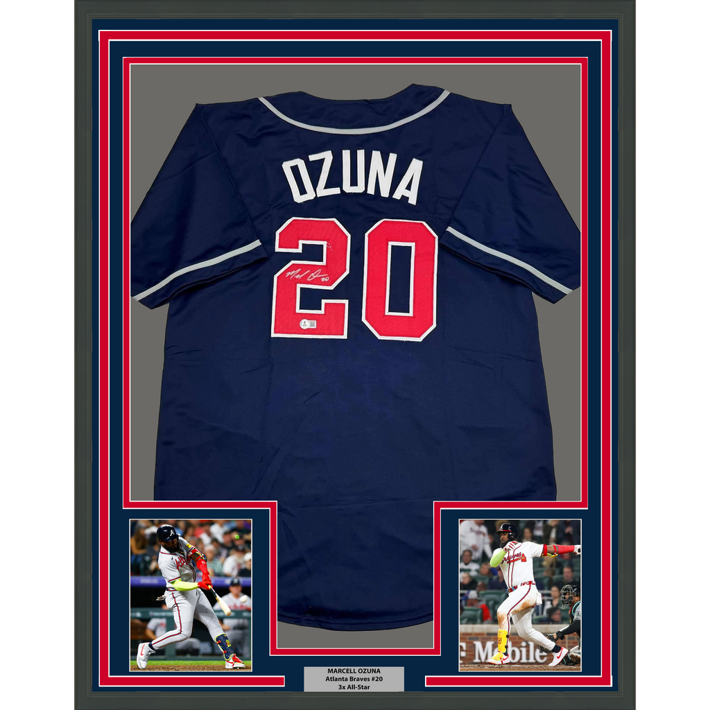 Framed Autographed/Signed Marcell Ozuna 35x39 Atlanta Blue Baseball Jersey Beckett BAS COA