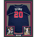 Framed Autographed/Signed Marcell Ozuna 35x39 Atlanta Blue Baseball Jersey Beckett BAS COA