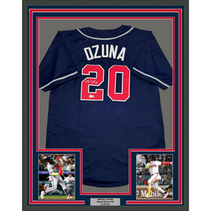 Framed Autographed/Signed Marcell Ozuna 35x39 Atlanta Blue Baseball Jersey Beckett BAS COA