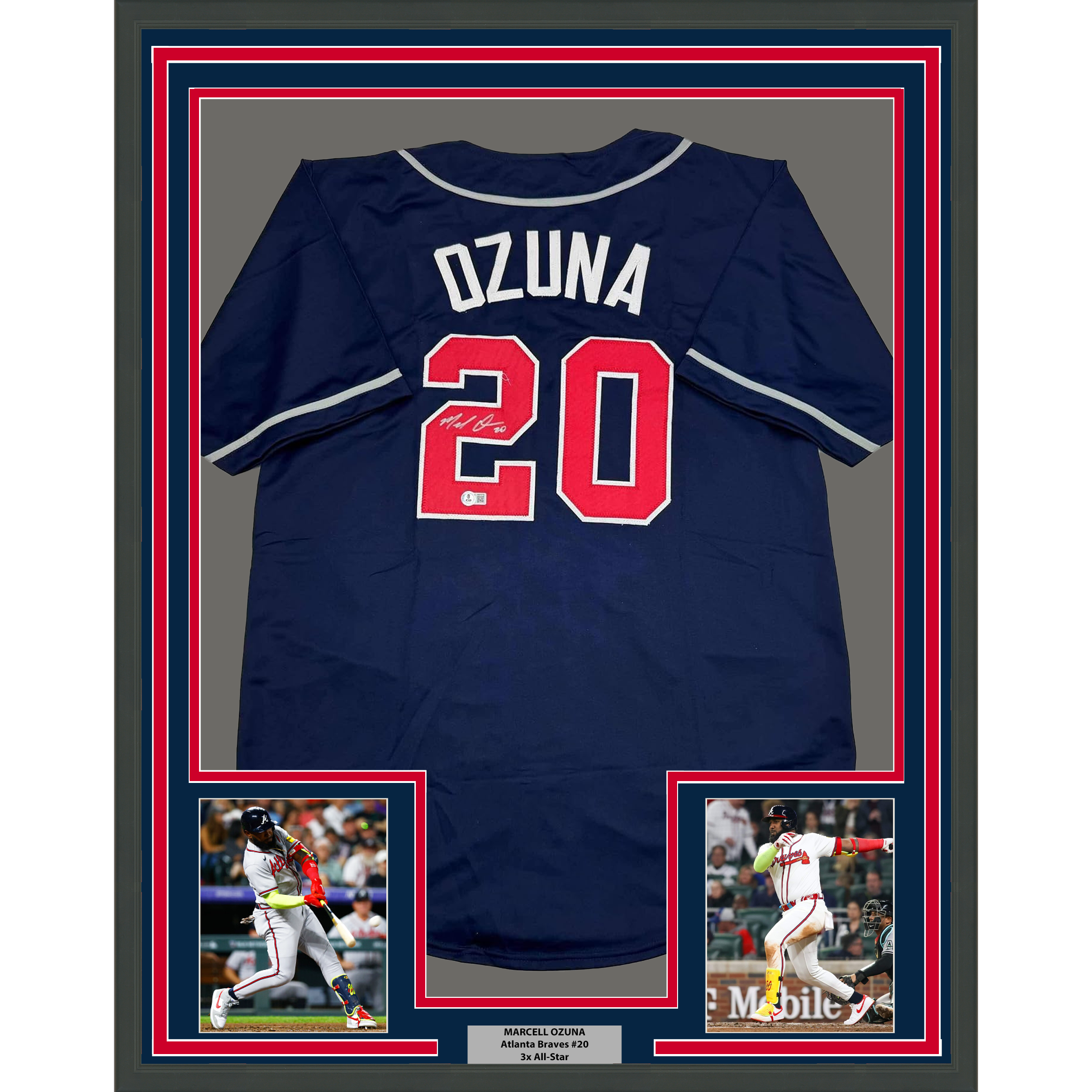 Framed Autographed/Signed Marcell Ozuna 35x39 Atlanta Blue Baseball Jersey Beckett BAS COA