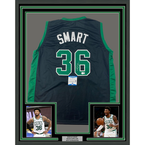 Framed Autographed/Signed Marcus Smart 35x39 Boston Black Basketball Jersey Beckett BAS COA