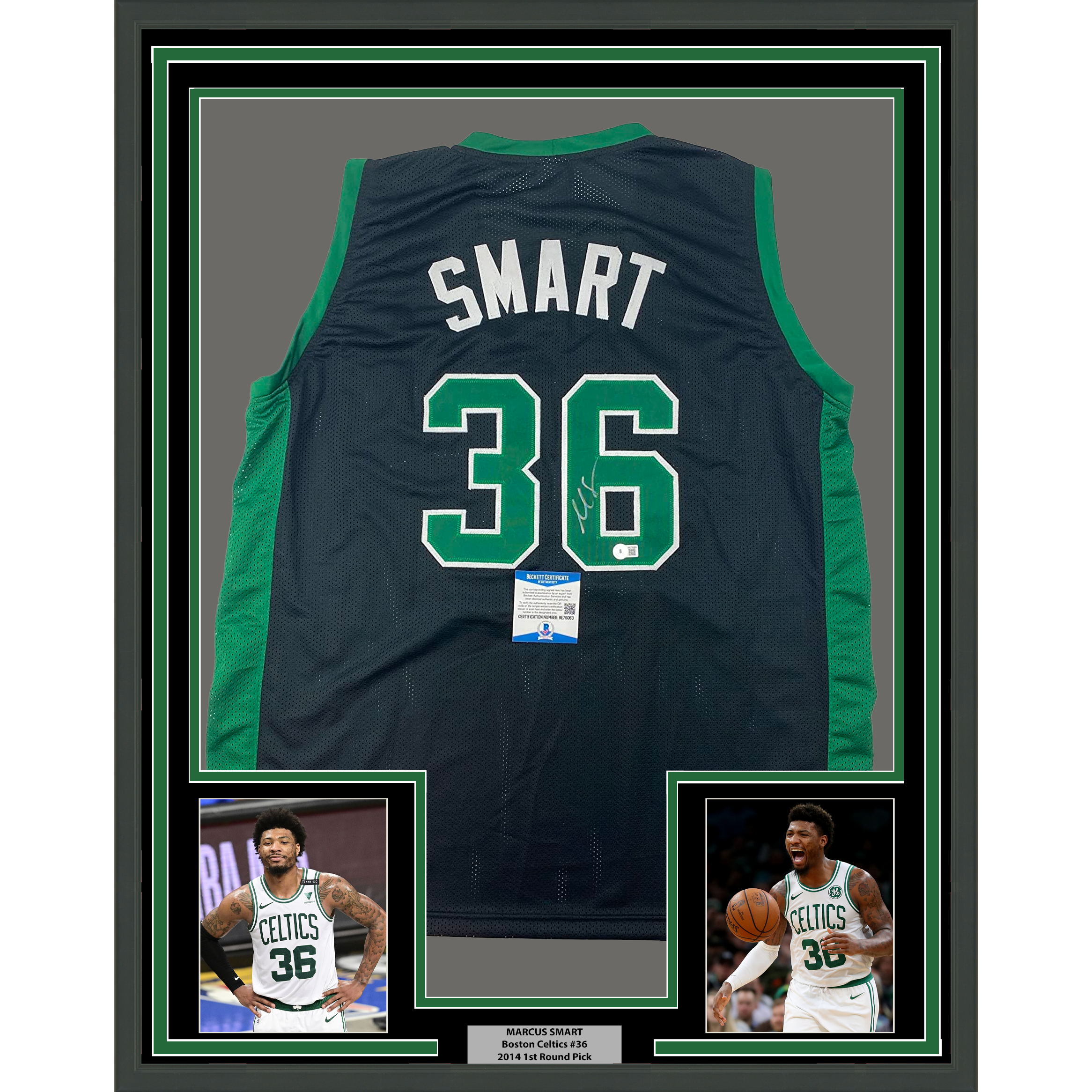 Framed Autographed/Signed Marcus Smart 35x39 Boston Black Basketball Jersey Beckett BAS COA