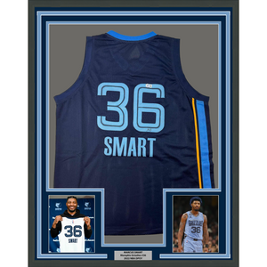 Framed Autographed/Signed Marcus Smart 35x39 Memphis Blue Basketball Jersey Beckett BAS COA