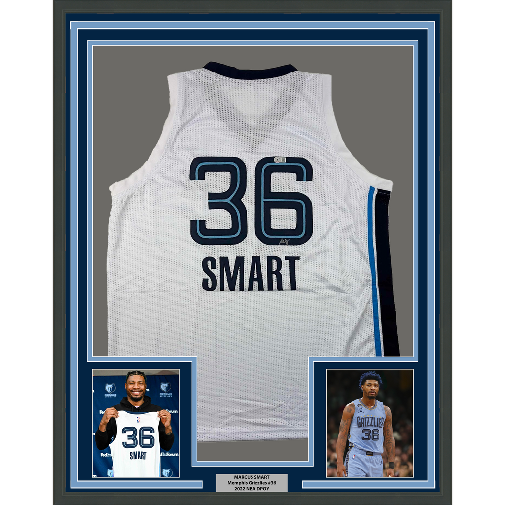 Framed Autographed/Signed Marcus Smart 35x39 Memphis White Basketball Jersey Beckett BAS COA