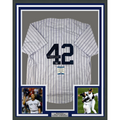 Framed Autographed/Signed Mariano Rivera 35x39 1st Unanimous HOF New York Pinstripe Baseball Jersey Beckett BAS COA