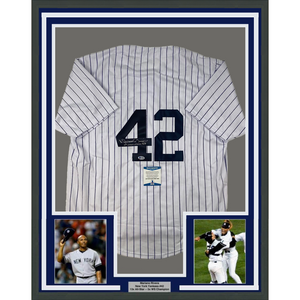 Framed Autographed/Signed Mariano Rivera 35x39 1st Unanimous HOF New York Pinstripe Baseball Jersey Beckett BAS COA