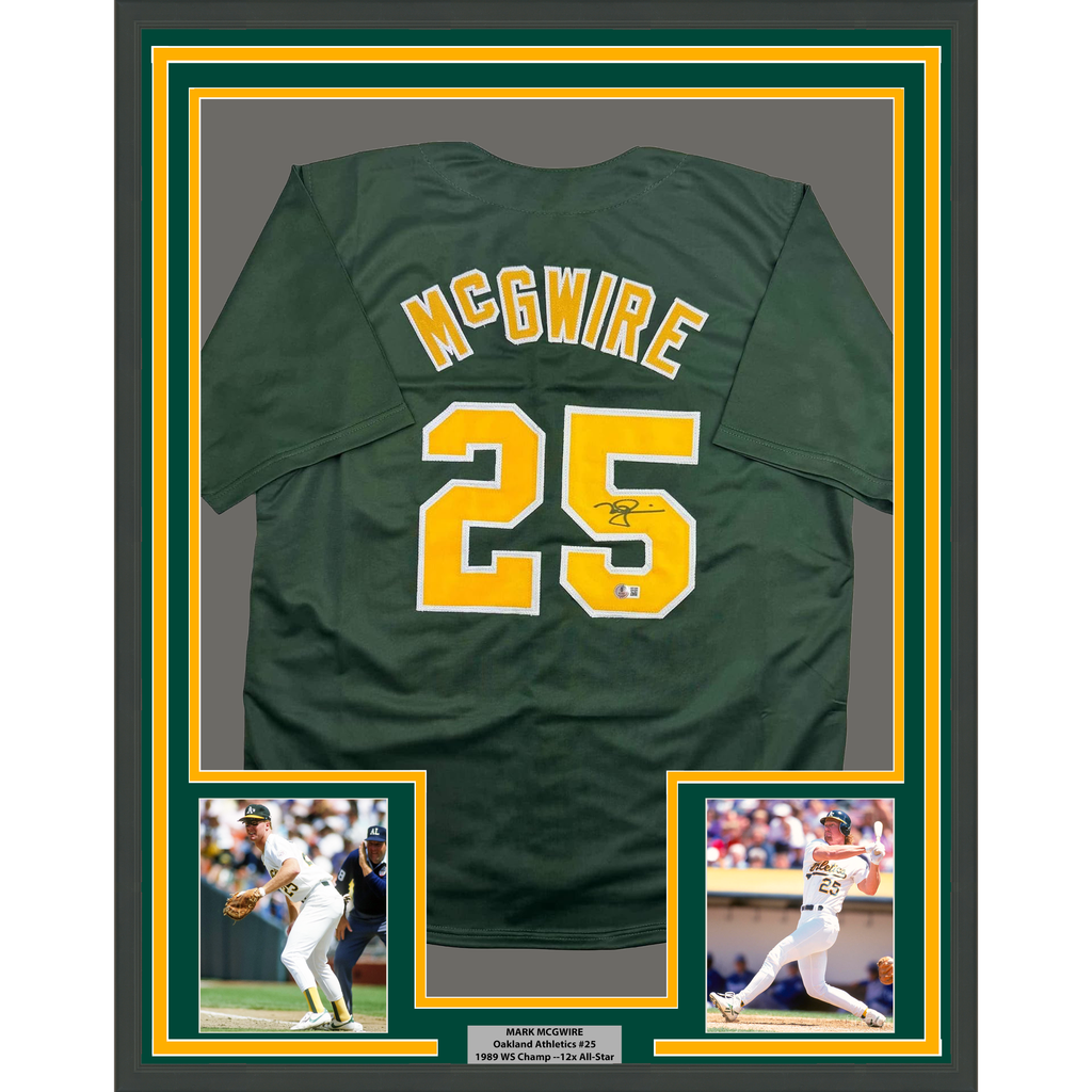 Framed Autographed/Signed Mark McGwire 35x39 Oakland Green Baseball Jersey Beckett BAS COA