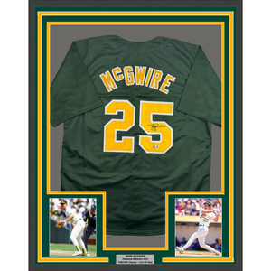 Framed Autographed/Signed Mark McGwire 35x39 Oakland Green Baseball Jersey Beckett BAS COA