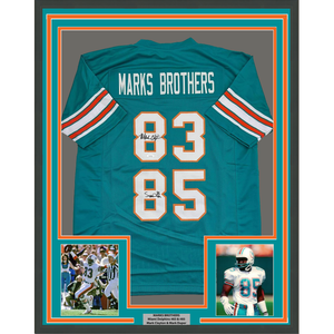 Framed Autographed/Signed Marks Brothers Mark Clayton & Mark Duper 35x39 Miami Teal Football Jersey JSA COA