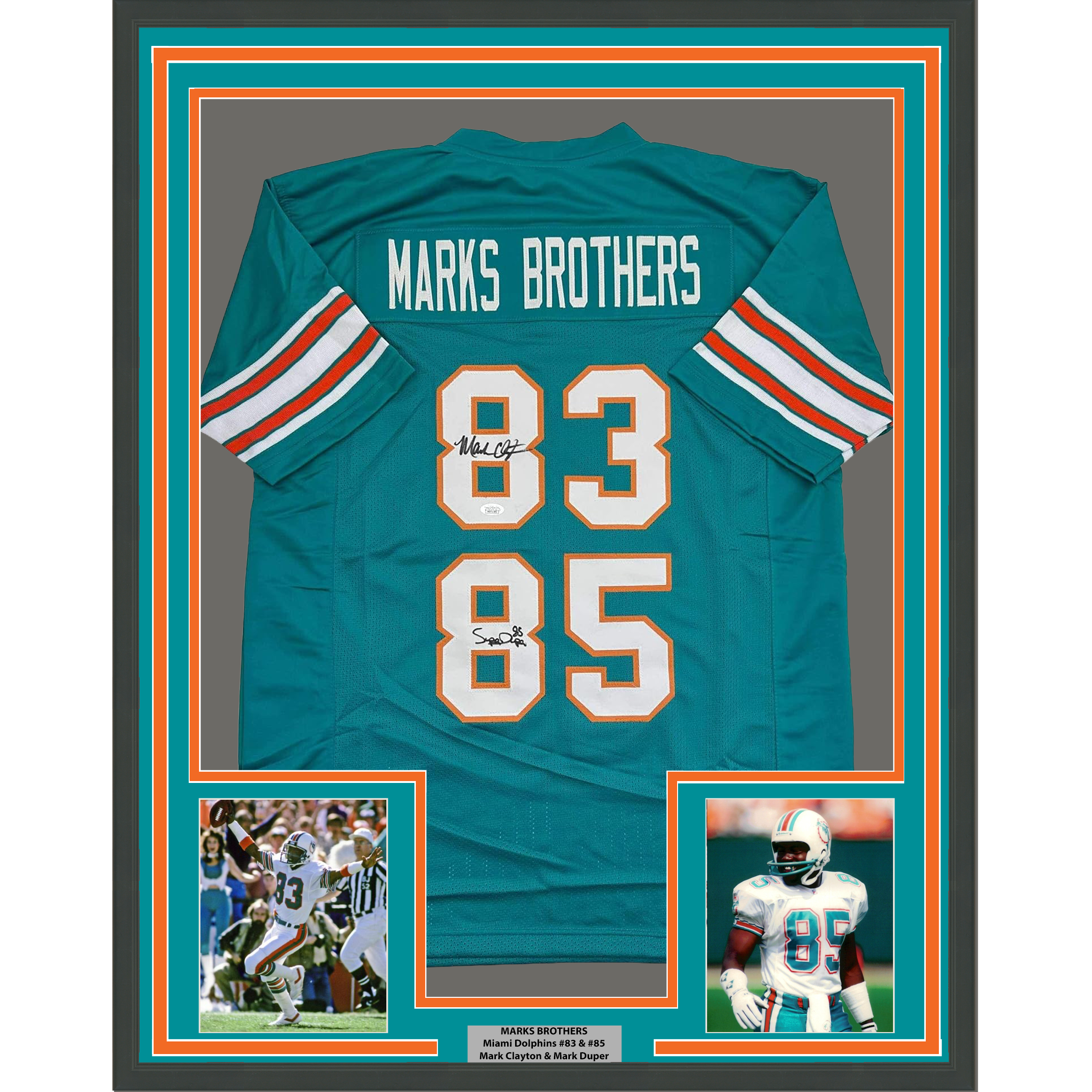Framed Autographed/Signed Marks Brothers Mark Clayton & Mark Duper 35x39 Miami Teal Football Jersey JSA COA