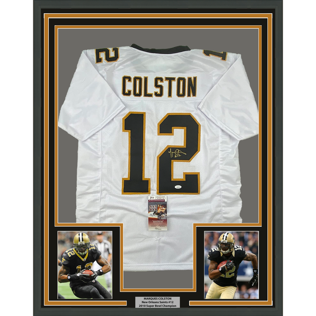 Framed Autographed/Signed Marques Colston 35x39 New Orleans White Football Jersey JSA COA