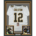 Framed Autographed/Signed Marques Colston 35x39 New Orleans White Football Jersey JSA COA