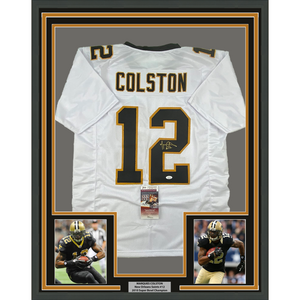 Framed Autographed/Signed Marques Colston 35x39 New Orleans White Football Jersey JSA COA