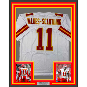 Framed Autographed/Signed Marquez Valdes-Scantling 35x39 Kansas City White Football Jersey Beckett BAS COA