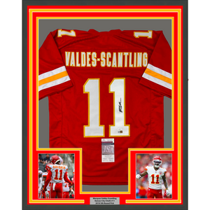 Framed Autographed/Signed Marquez Valdes-Scantling 35x39 Kansas City Red Football Jersey JSA COA