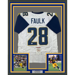 Framed Autographed/Signed Marshall Faulk 35x39 St. Louis White Football Jersey JSA COA