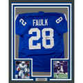 Framed Autographed/Signed Marshall Faulk 35x39 Indianapolis Blue Football Jersey JSA COA