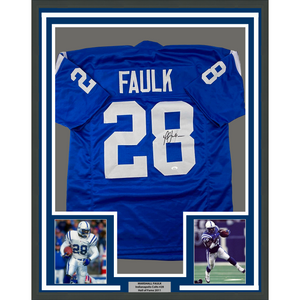 Framed Autographed/Signed Marshall Faulk 35x39 Indianapolis Blue Football Jersey JSA COA