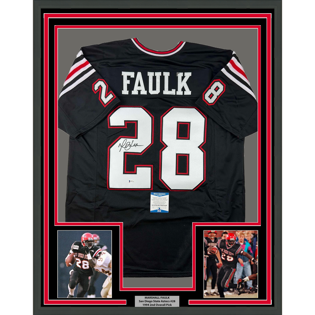 Framed Autographed/Signed Marshall Faulk 35x39 San Diego State Black College Football Jersey Beckett BAS COA