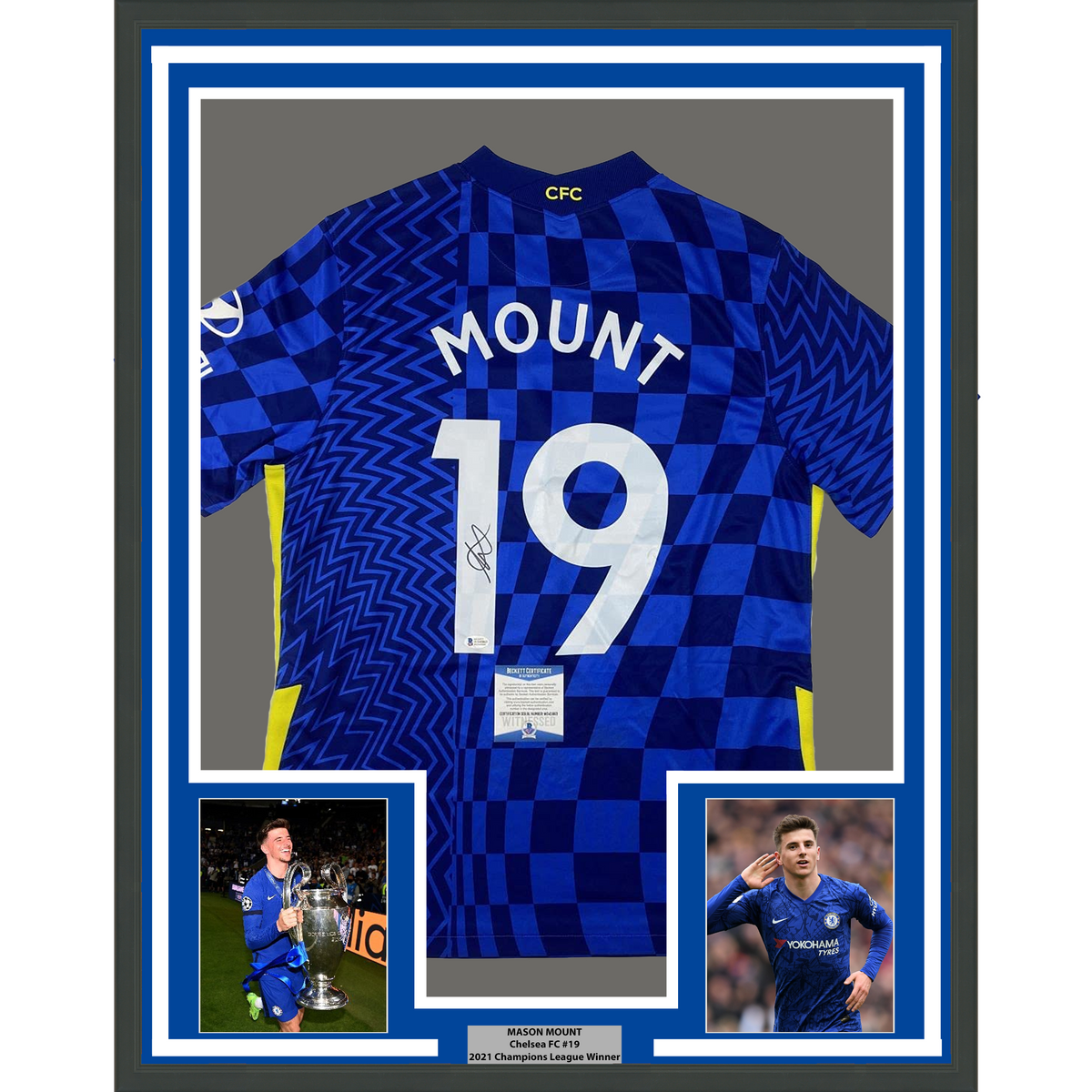 Framed Autographed/Signed Mason Mount 35x39 Chelsea FC Blue Soccer Futbol Jersey Beckett BAS COA