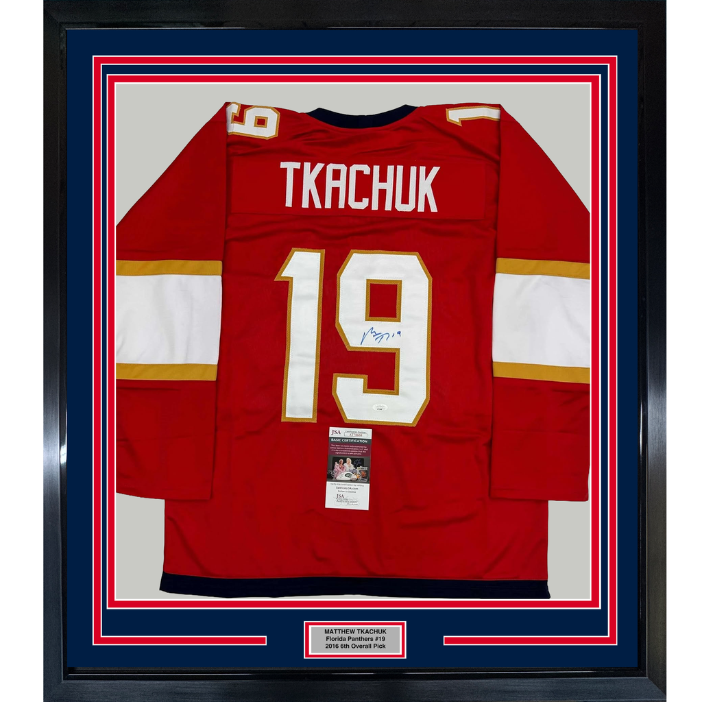 Framed Autographed/Signed Matthew Tkachuk 35x39 Florida Red Hockey Jersey JSA COA