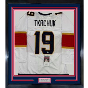 Framed Autographed/Signed Matthew Tkachuk 35x39 Florida White Hockey Jersey JSA COA