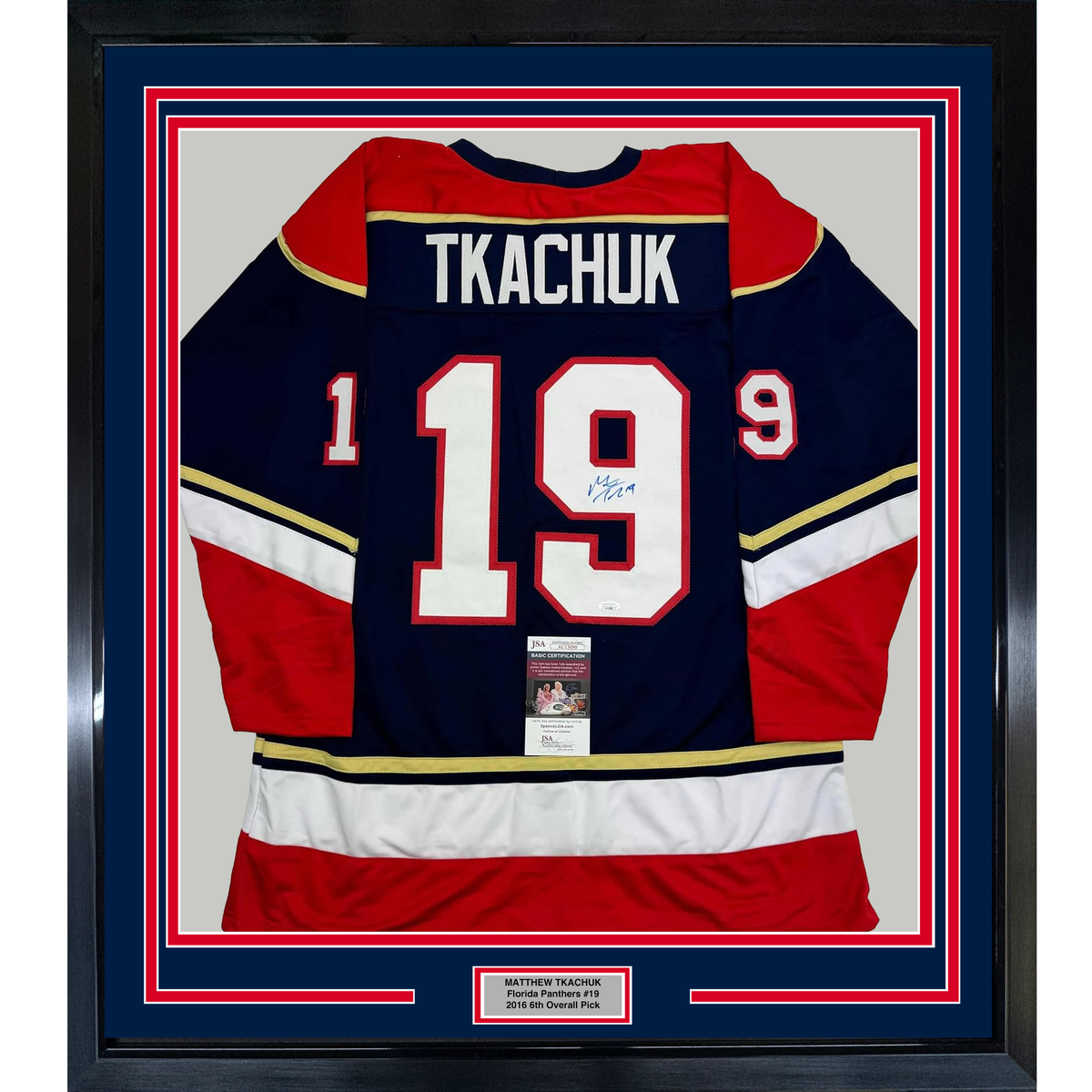 Framed Autographed/Signed Matthew Tkachuk 35x39 Florida Blue Hockey Jersey JSA COA