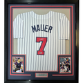 Framed Autographed/Signed Joe Mauer 35x39 Minnesota Pinstripe Baseball Jersey Beckett BAS COA
