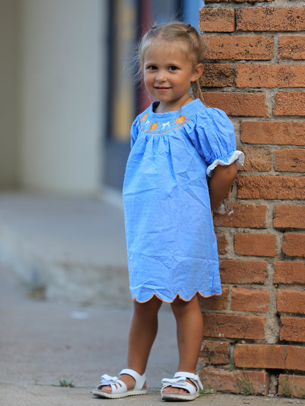 Blue Fall Thanksgiving&Halloween Pumpkin Smock Embroidery Lace Baby Girl Dress