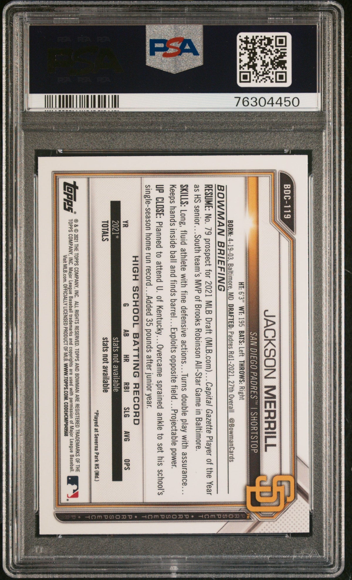 Graded 2021 Topps Bowman Draft Jackson Merrill #BDC119 Chrome Rookie RC Baseball Card PSA 10 Gem Mint