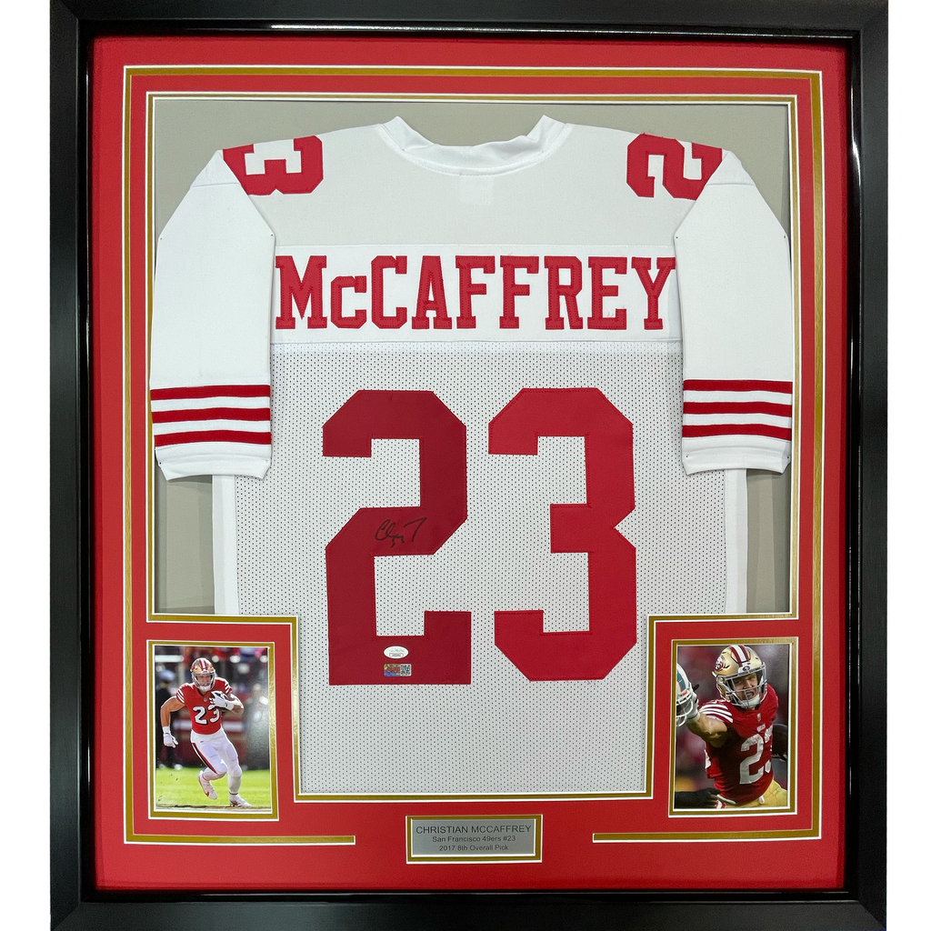 Framed Autographed/Signed Christian McCaffrey 35x39 San Francisco White Football Jersey JSA COA