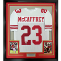 Framed Autographed/Signed Christian McCaffrey 35x39 San Francisco White Football Jersey JSA COA