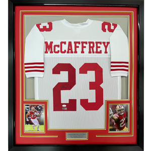 Framed Autographed/Signed Christian McCaffrey 35x39 San Francisco White Football Jersey JSA COA