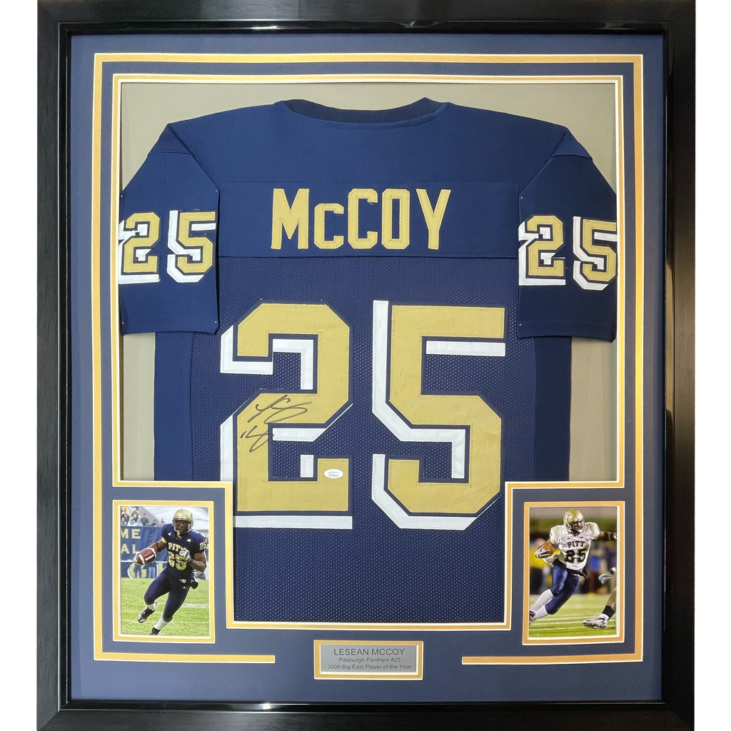 Framed Autographed/Signed LeSean McCoy 35x39 Pittsburgh Blue College Football Jersey JSA COA