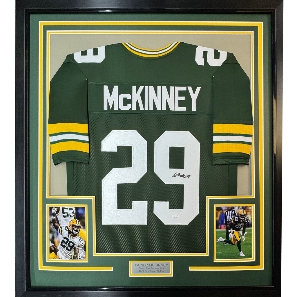 Framed Autographed/Signed Xavier McKinney 35x39 Green Bay Green Football Jersey JSA COA