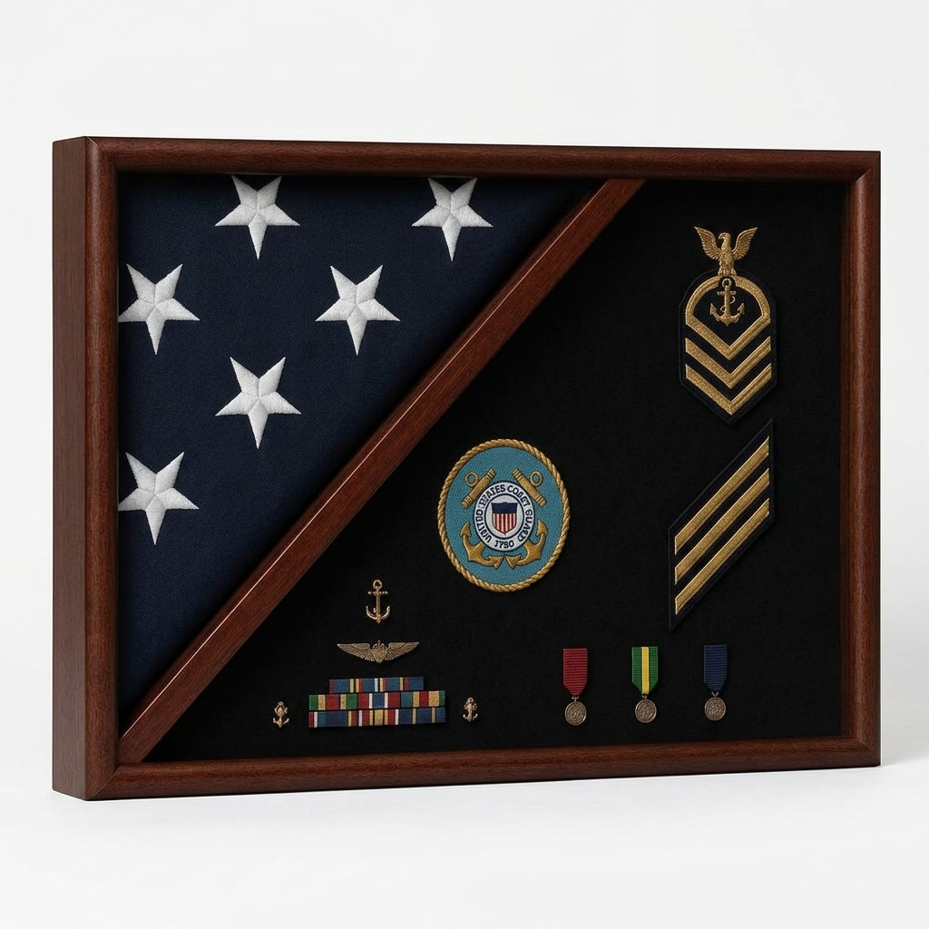 Medal Glass Display Case Shadow Box, Coast Guard Flag Display.