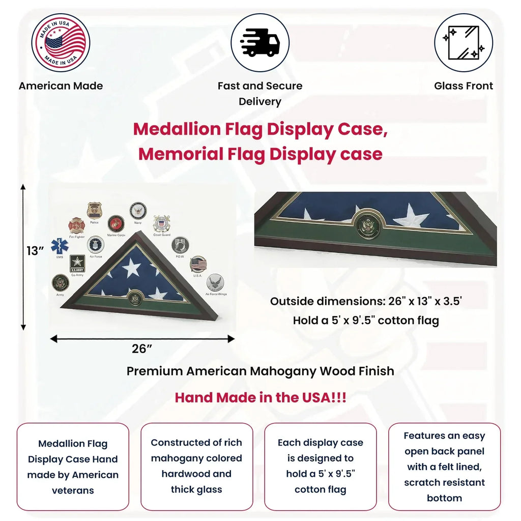 Navy Medallion Flag Display Case - Mahogany