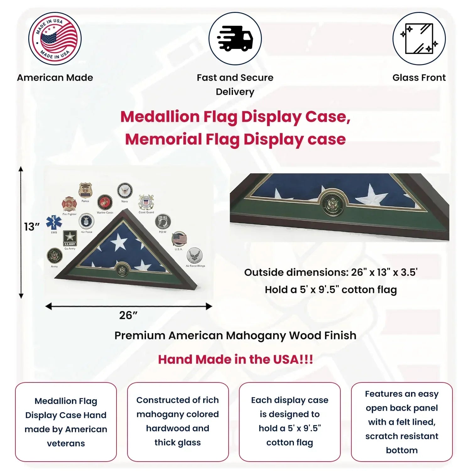 Navy Medallion Flag Display Case - Mahogany