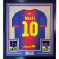 Framed Autographed/Signed Lionel Leo Messi 35x39 FC Barcelona Soccer Jersey Beckett BAS COA