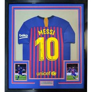 Framed Autographed/Signed Lionel Leo Messi 35x39 FC Barcelona Soccer Jersey Beckett BAS COA