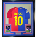 Framed Autographed/Signed Lionel Leo Messi 35x39 FC Barcelona Soccer Jersey Beckett BAS COA